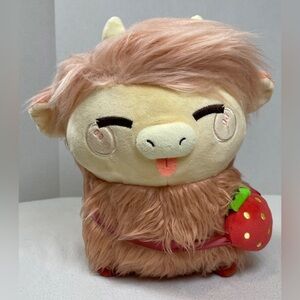 Honeymaru Fluffy Strawberry Highland Cow Plush – 12” Kawaii Cute